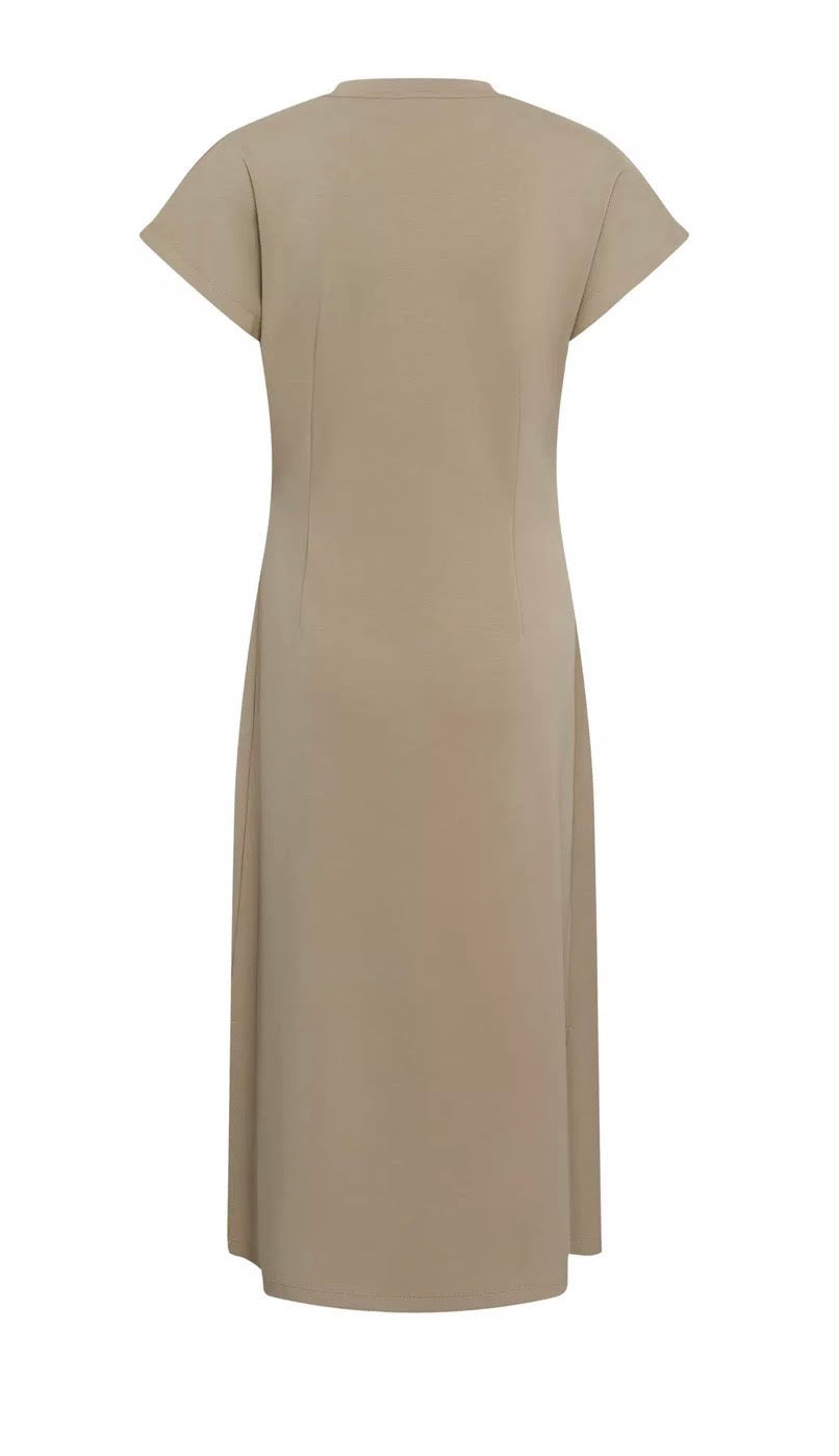 A short-sleeve midi dress in a solid taupe-beige color, shown from the back on a clean white background.