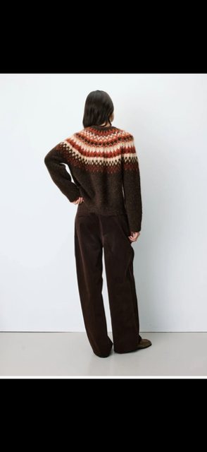 A person shown from the back wearing a dark brown knit sweater with a multicolor geometric pattern across the shoulders and upper back, paired with dark brown wide-leg pants, against a plain white studio background.
