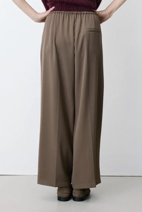 A person shown from the waist down wearing high-waisted, wide-leg taupe pants with a side pocket, paired with a dark burgundy top and brown shoes, against a plain white studio background.