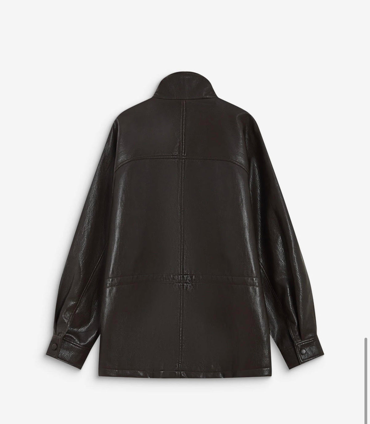 A dark brown leather jacket shown from the back, featuring a high collar, long sleeves, and a central seam, displayed on a light gray background.
