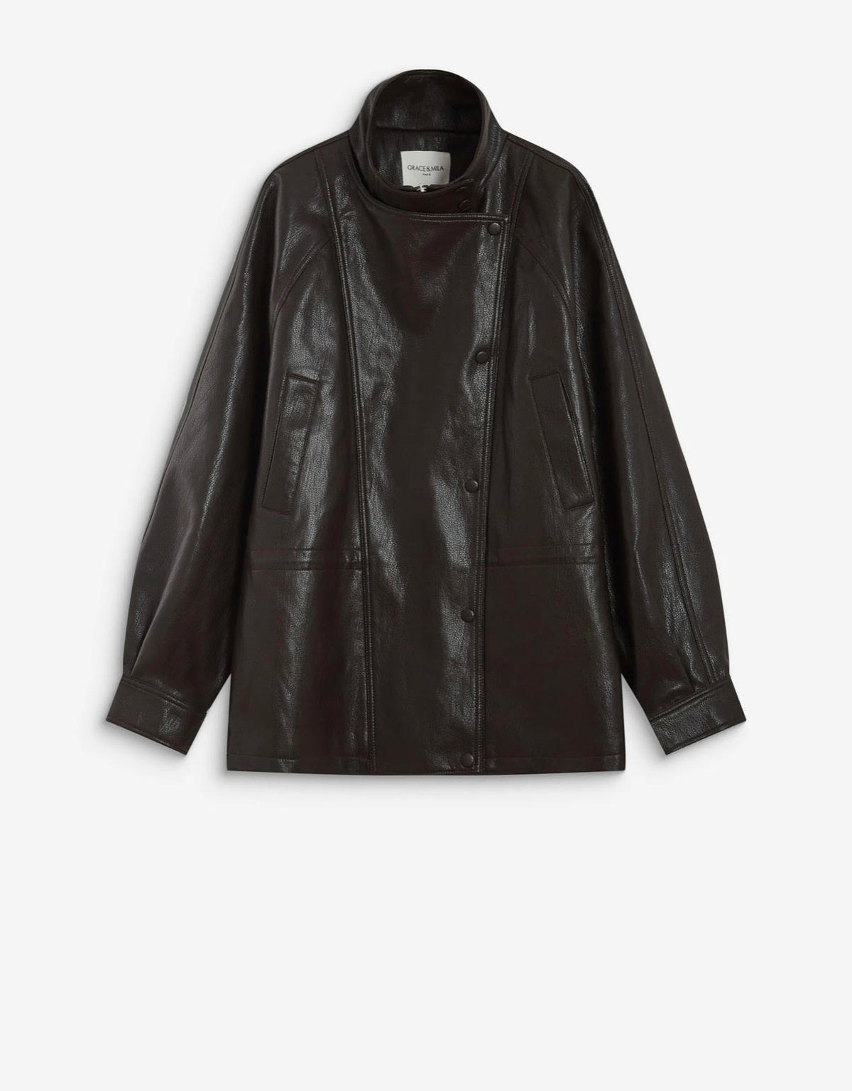 A dark brown faux-leather jacket with an asymmetrical button closure, a high stand-up collar, and front flap pockets, shown against a light gray background.