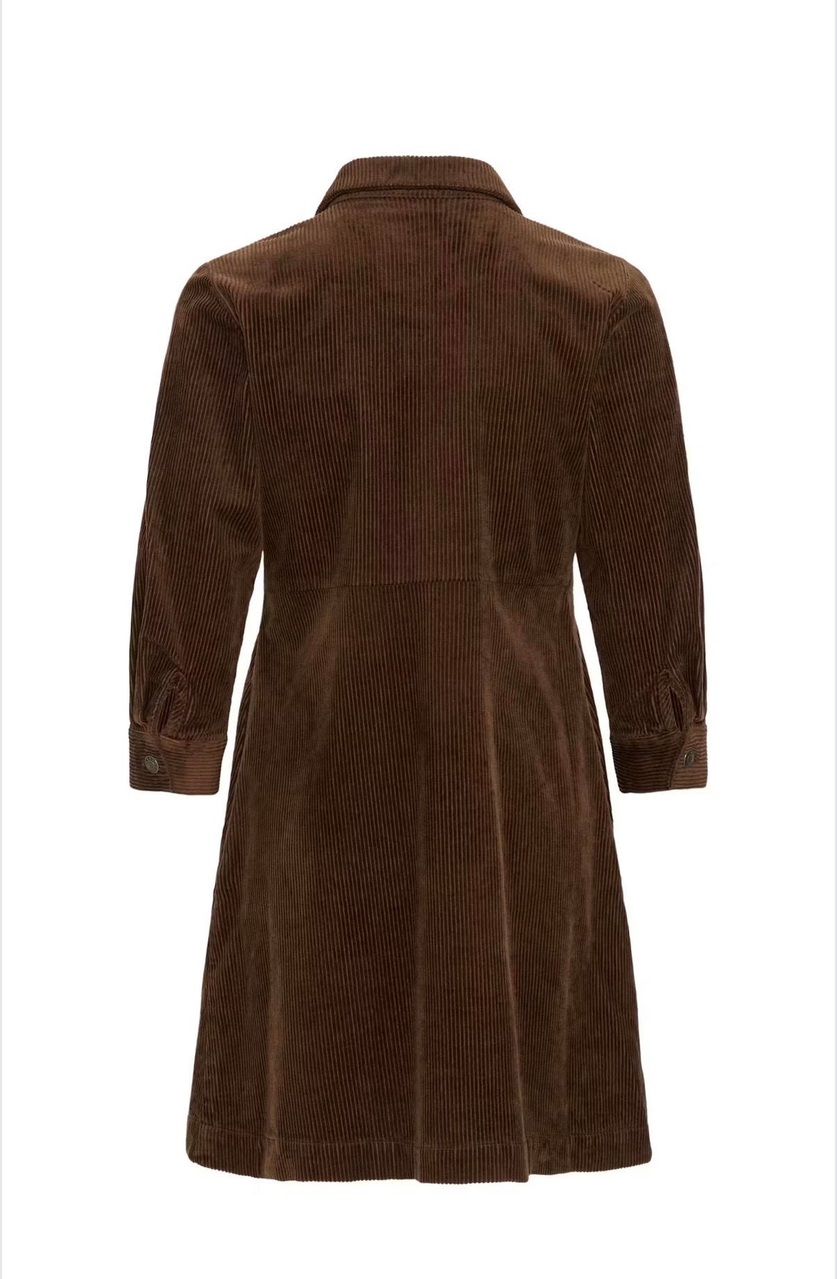 A brown corduroy coat shown from the back, featuring a collar, long sleeves with buttoned cuffs, and a flared skirt, photographed against a plain white background.