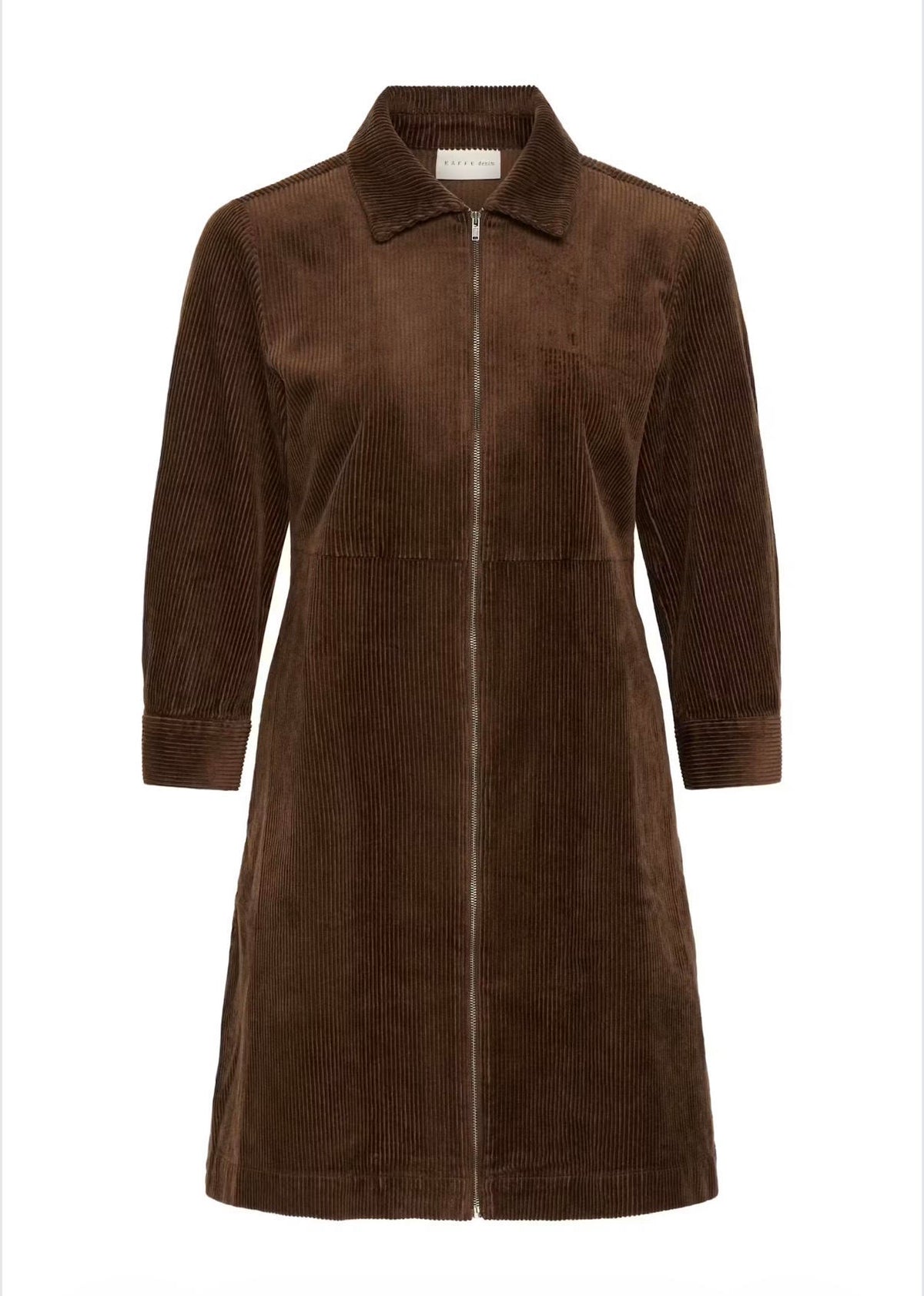 A brown corduroy coat with a front zipper, collar, and three-quarter sleeves, shown against a plain white background.