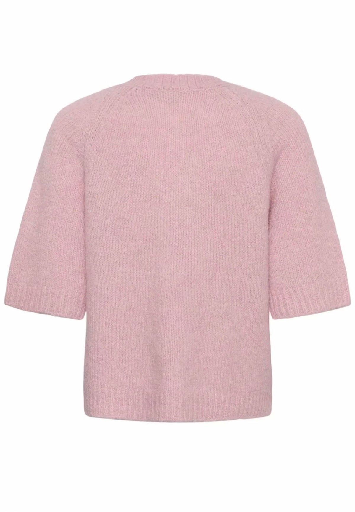 a light pink short-sleeve knit sweater  against a plain white background.