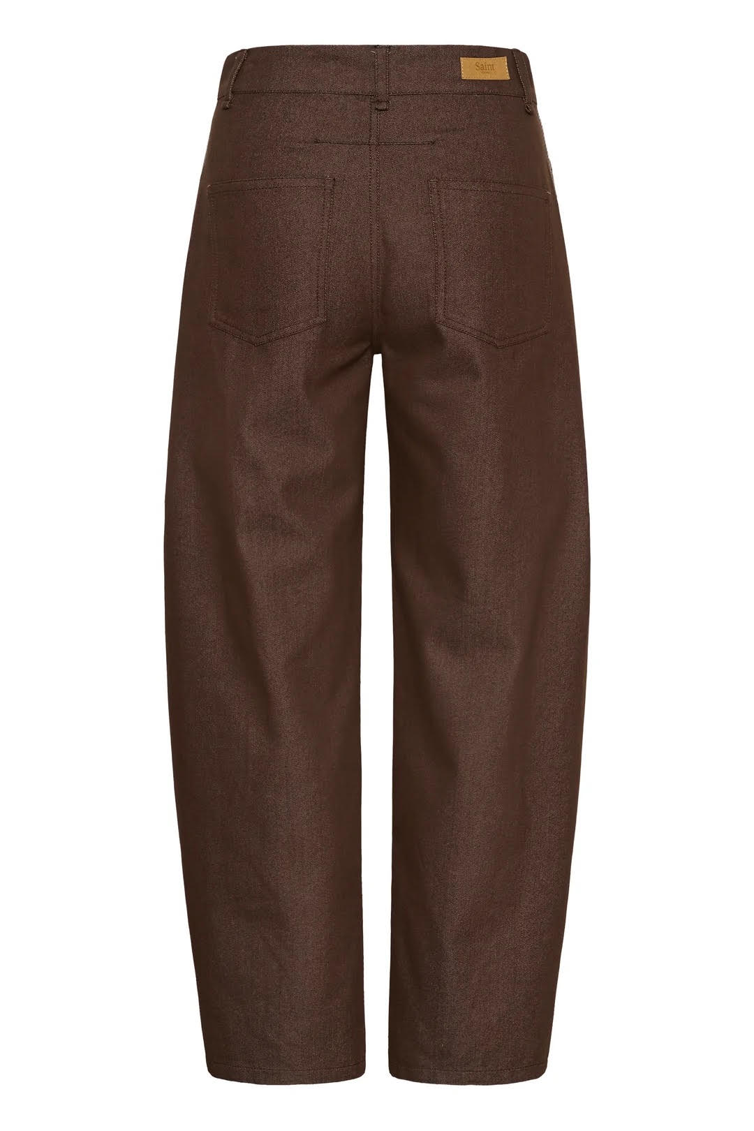 Back view of a pair of brown trousers with a textured fabric, featuring a small tan leather patch on the back waistband, photographed against a solid white background.