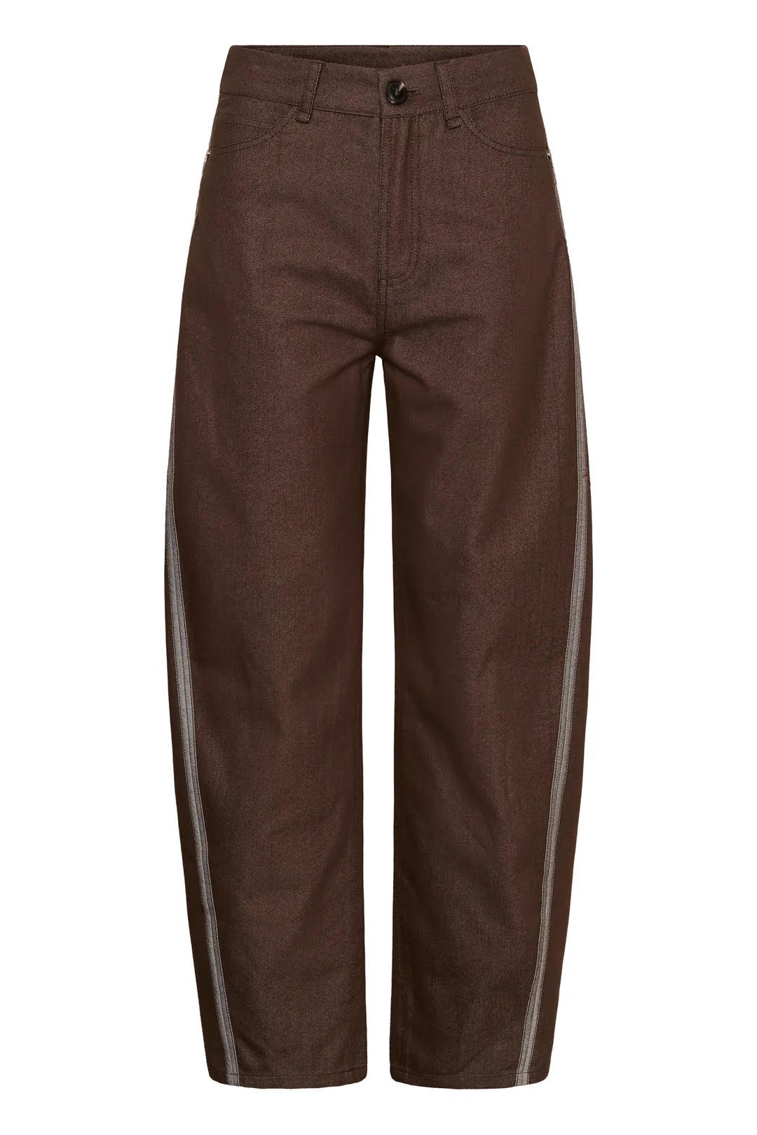 A pair of dark brown wide-leg pants with contrasting light gray side stripes, shown against a plain white background.