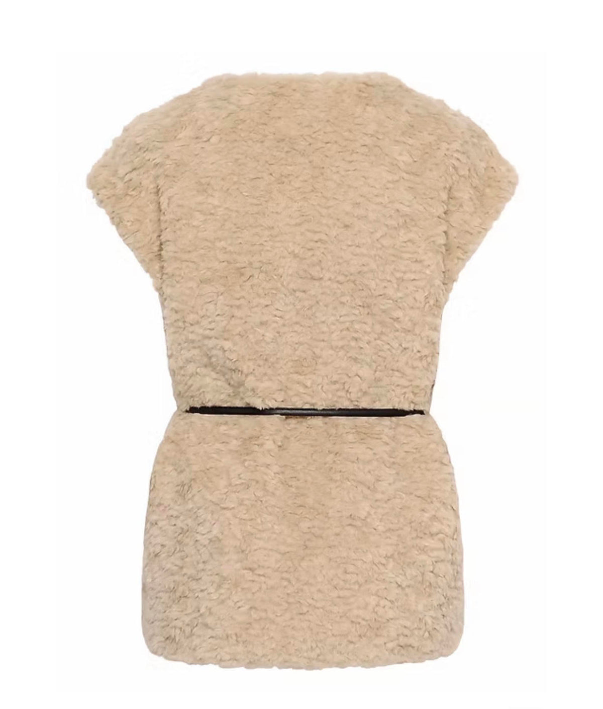 A beige curly faux-shearling gilet with short cap sleeves and a thin black belt at the waist, shown against a plain white background.
