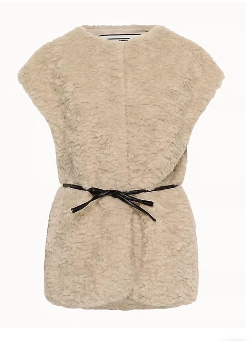 A beige textured faux fur vest with a black leather tie belt, shown against a plain white background.