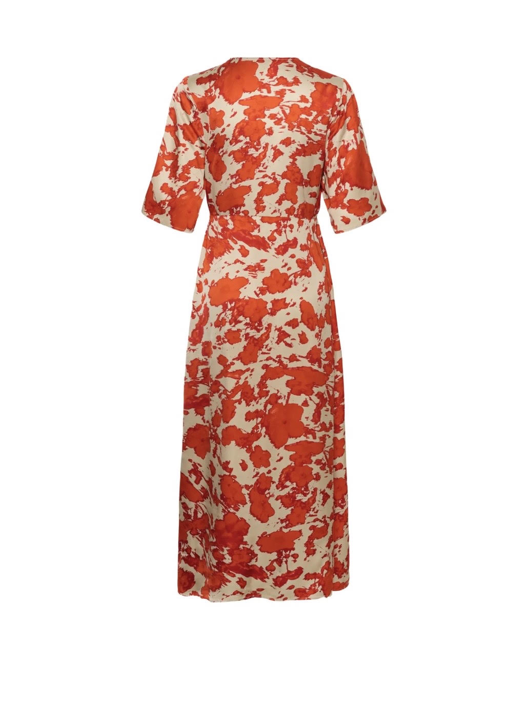 A short-sleeved midi dress with a vibrant red and orange floral pattern on a cream background, shown from the back against a plain white background.