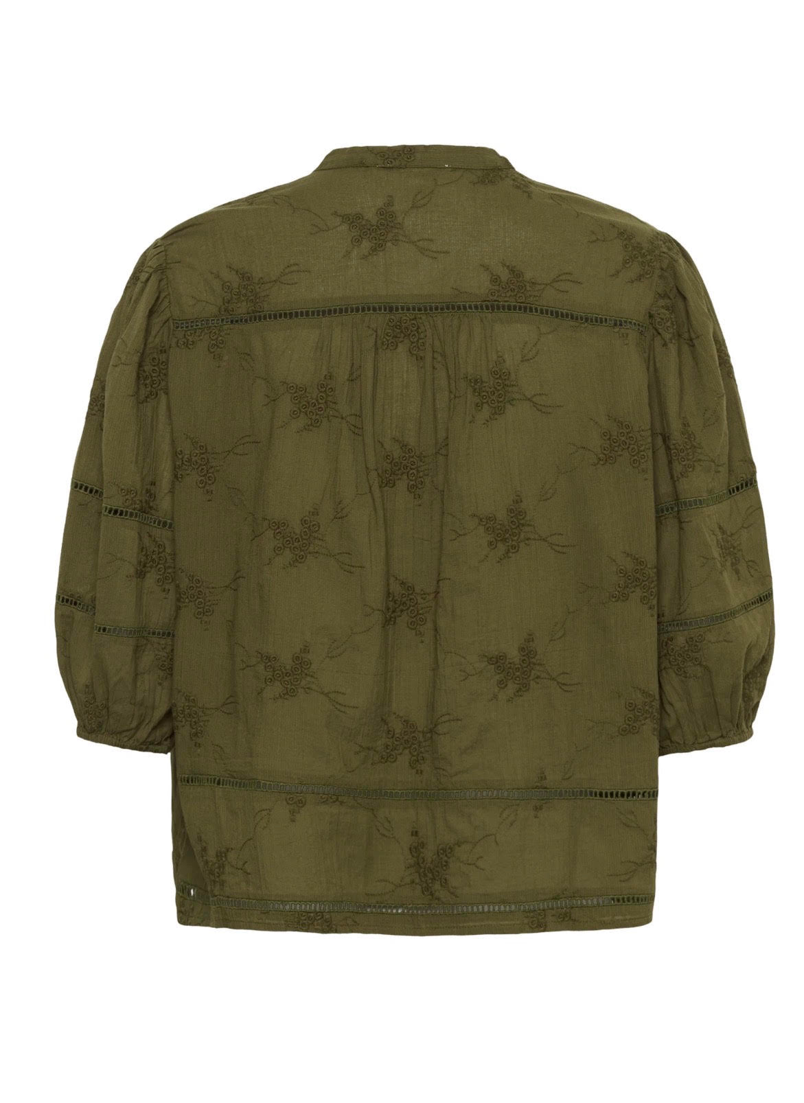 An olive green long-sleeve shirt with a subtle tonal floral pattern, shown from the back against a plain white background.