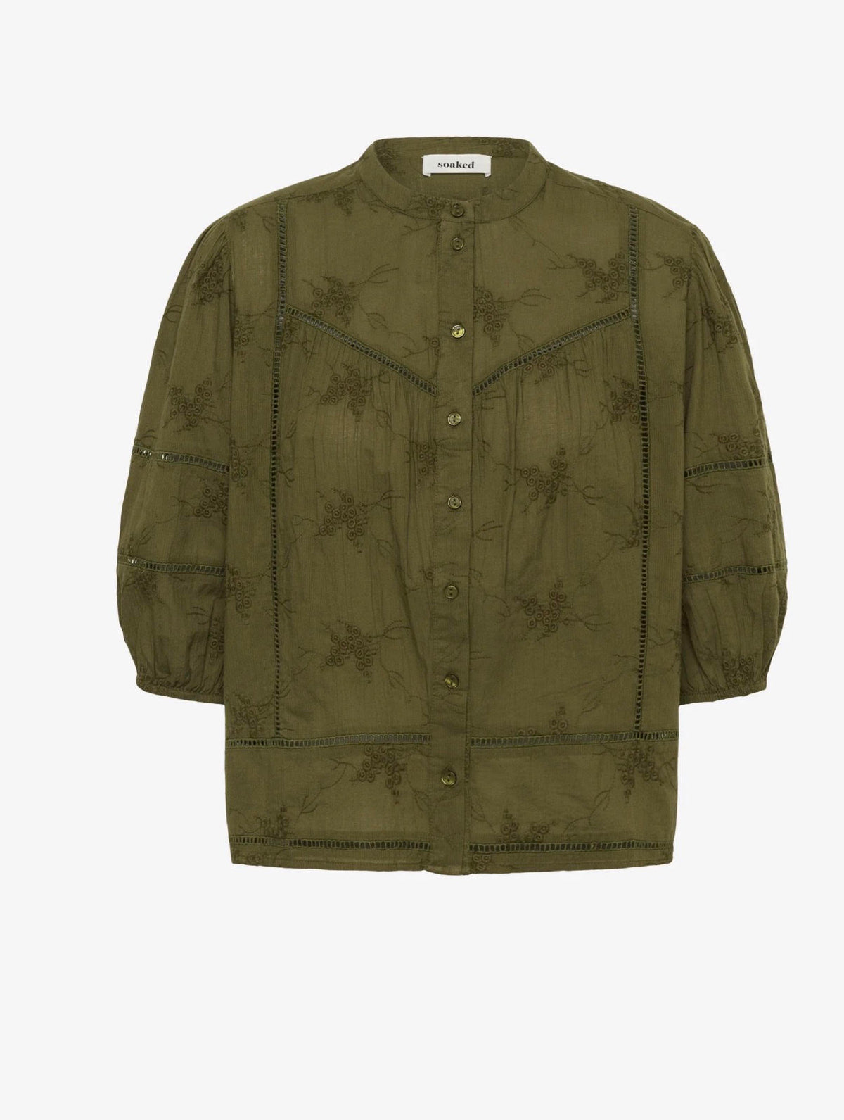 An olive green long-sleeve shirt with a subtle tonal floral pattern, shown from the front against a plain white background.