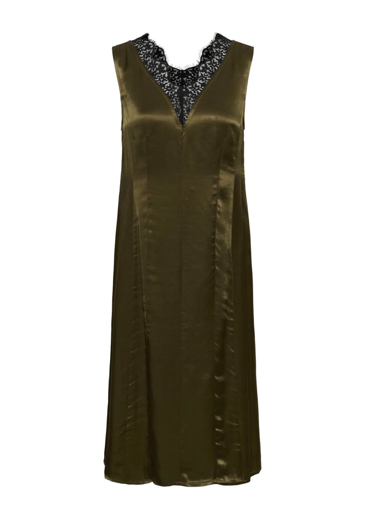 An olive green satin slip dress with a black and white patterned lace V-neckline, shown against a plain white background.