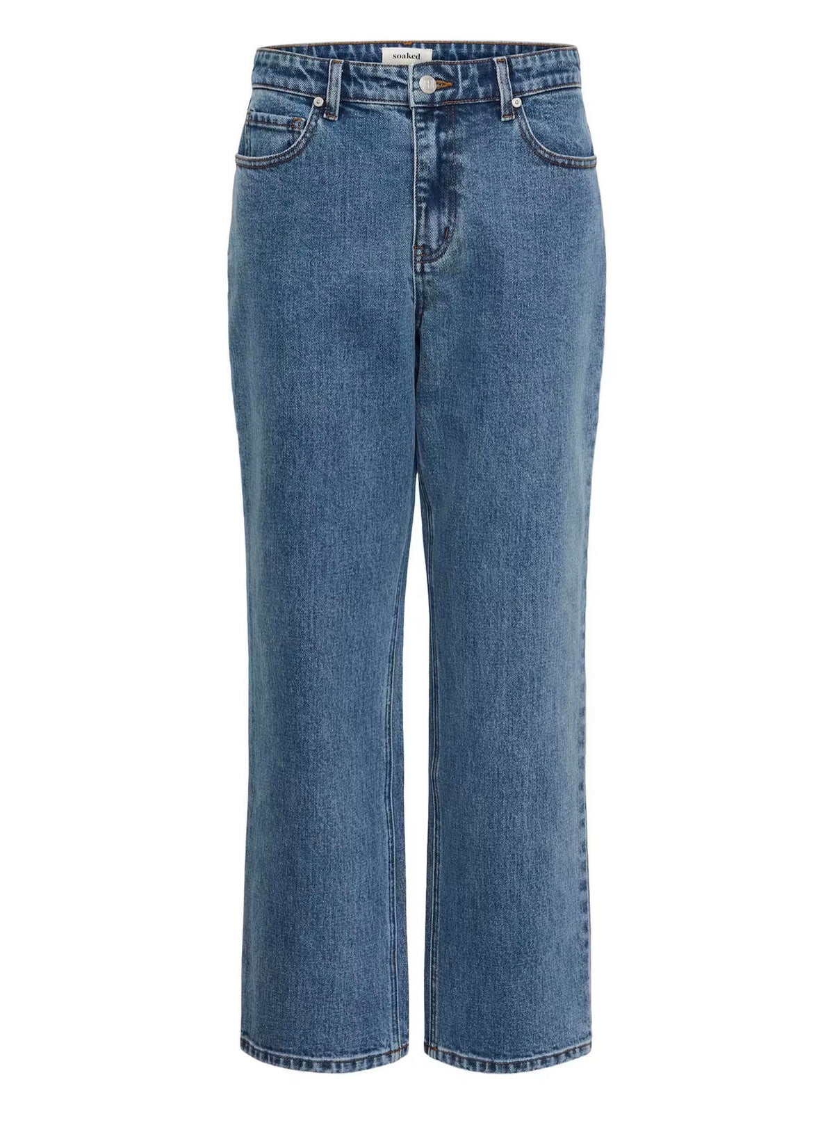 A pair of medium-wash blue denim jeans with a straight, slightly flared leg, shown against a plain white background.